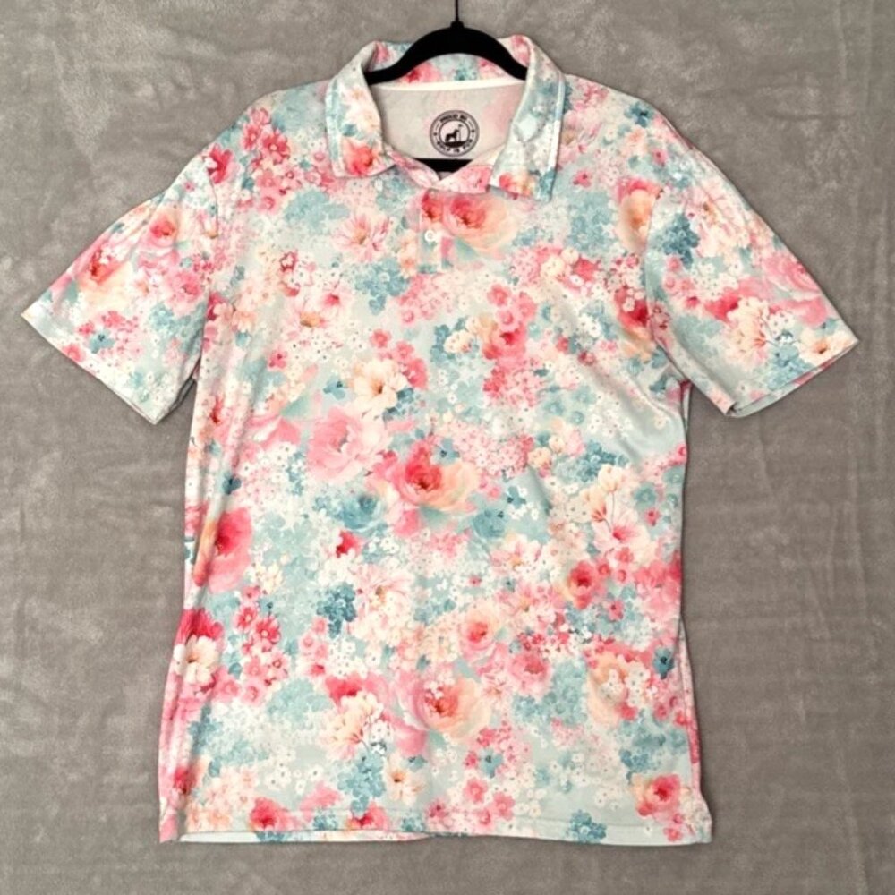 Proud 90 Golf Polo Shirt Mens M Floral Preppy‎ Colorful Unique Pink Blue Stretch